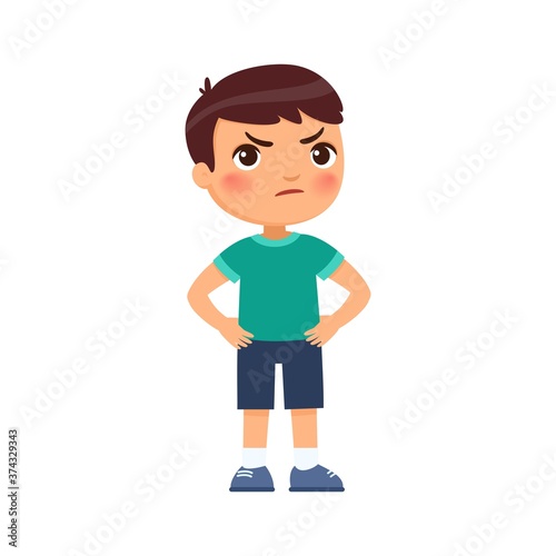 Little angry boy hands on hips. Conduct disorder, child psychology. Cute cartoon character isolated on white background. Flat vector color illustration.