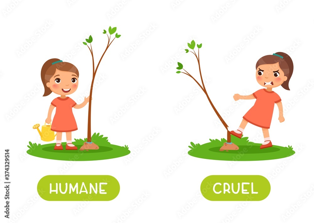 Humane and cruel antonyms word card vector template. Opposites concept. Flashcard for english