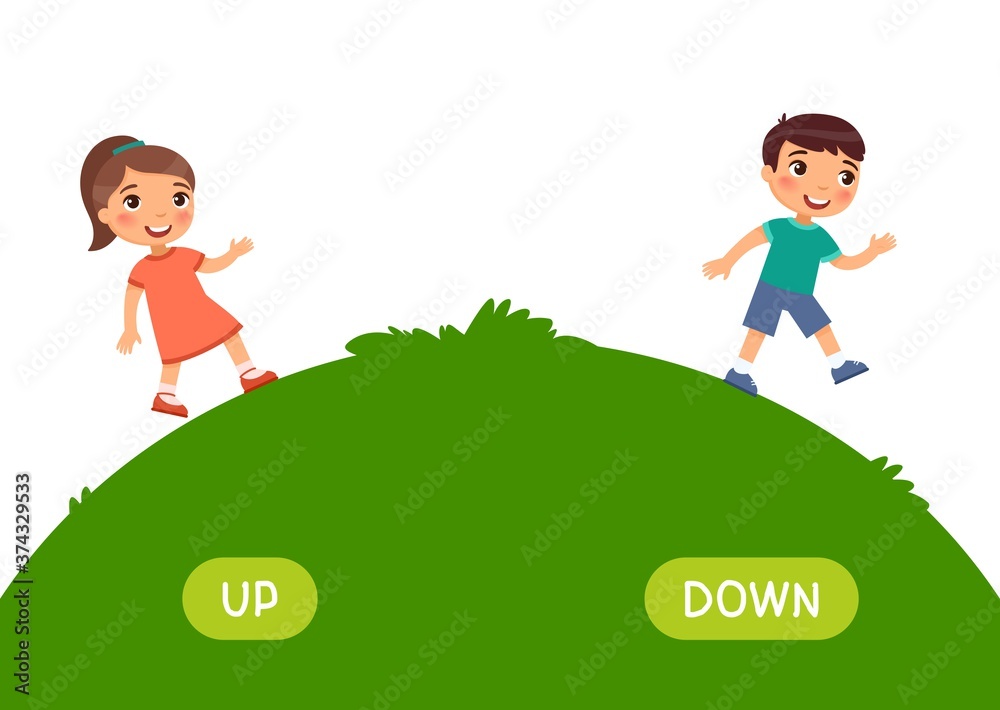 Opposites concept, UP and DOWN. Word card for language learning. Little ...