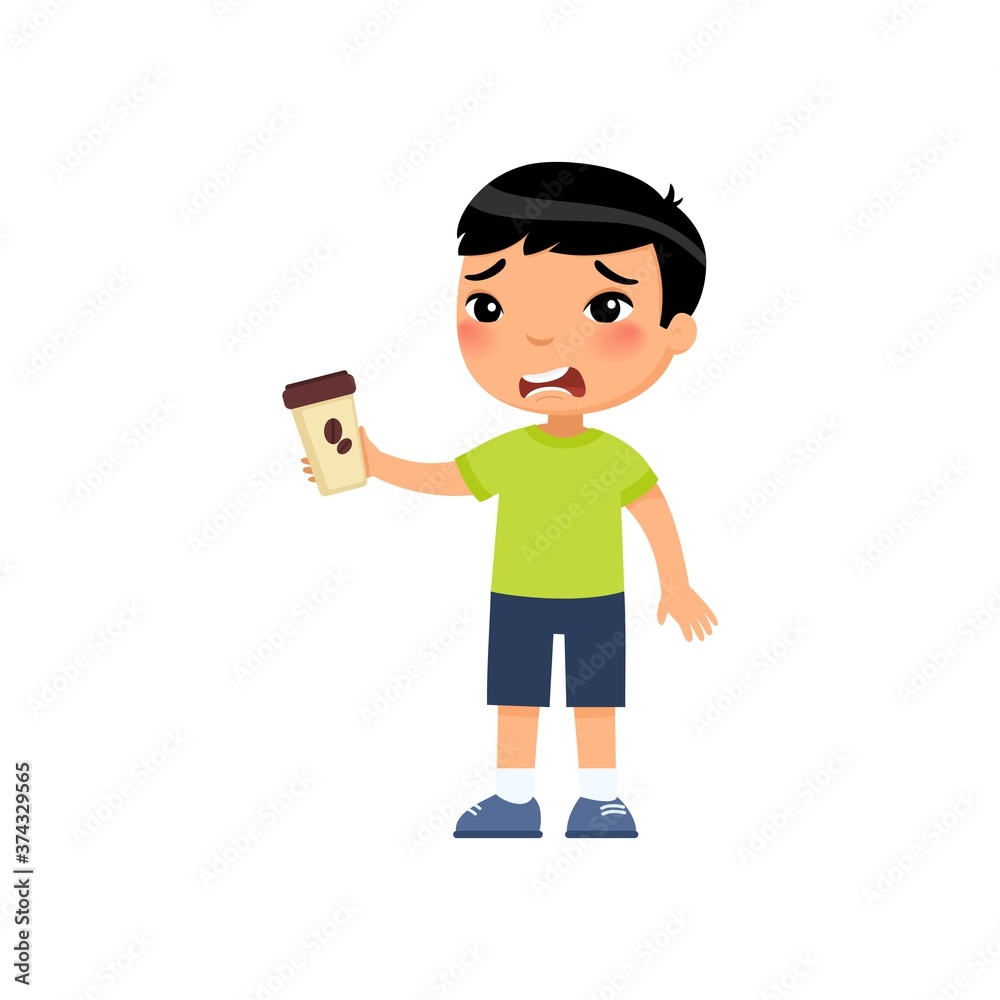 Little asian boy with takeaway coffee flat vector illustration. Cute kid with hot beverage cartoon character. Unhappy child holding paper cup with bitter energy drink isolated on white background