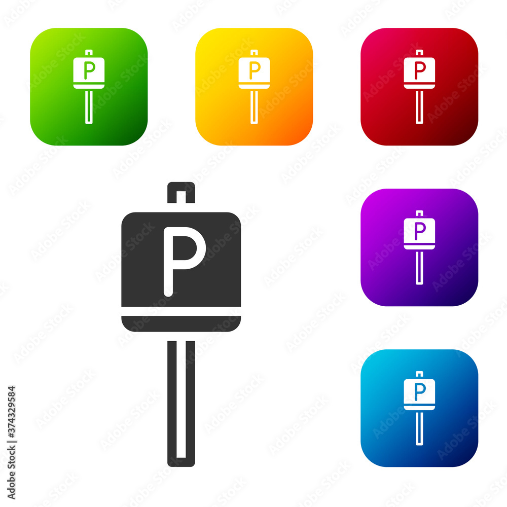 Black Parking icon isolated on white background. Street road sign. Set icons in color square buttons. Vector. Black Parking icon isolated on white background. Street road sign. Set icons in color square buttons. Vector.