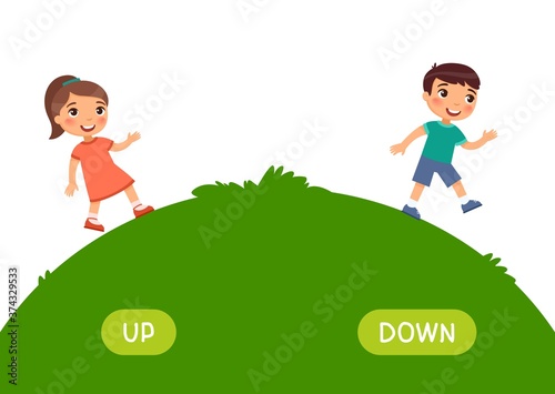 Opposites concept, UP and DOWN. Word card for language learning. Little girl goes up the hill, boy goes down. Flashcard with antonyms for children vector template. Flat illustration with typography.