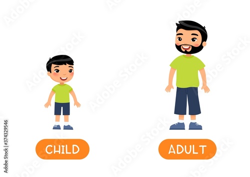 Opposites, age concept, ADULT and CHILD. Foreign language educational flash card vector template. Word card for english learning.