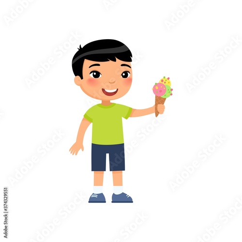 Cute asian boy with ice cream flat vector illustration. Happy child with sweet summer dessert cartoon character. Little kid holding refreshing gelato in waffle cone isolated on white background