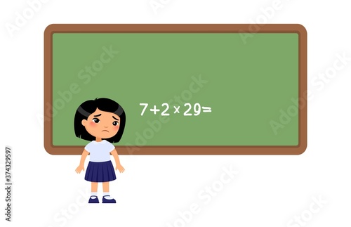 Little asian girl cannot solve the difficult example on the school board. Sad schoolgirl flat vector illustration. Kid does not know the answer to mathematical question