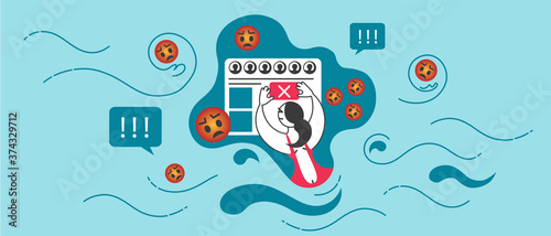 Waves of hate and intolerance on social networks, abstract illustration of a girl in a sea of angry emoticons