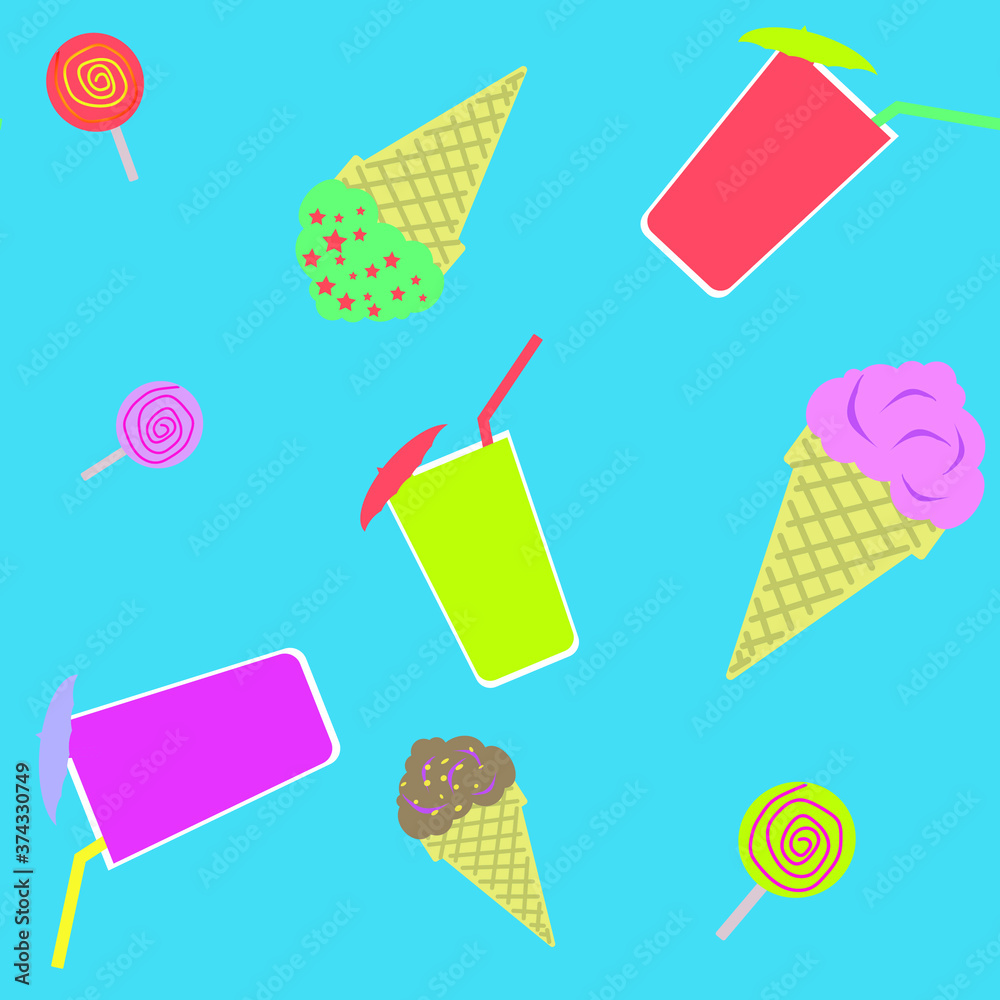 Pattern on a blue background depicting cups of cocktail and ice cream and sweets. Design for decorating textiles, packaging and kitchen towels. Pattern on a blue background depicting cups of cocktail and ice cream and sweets. Design for decorating textiles, packaging and kitchen towels.