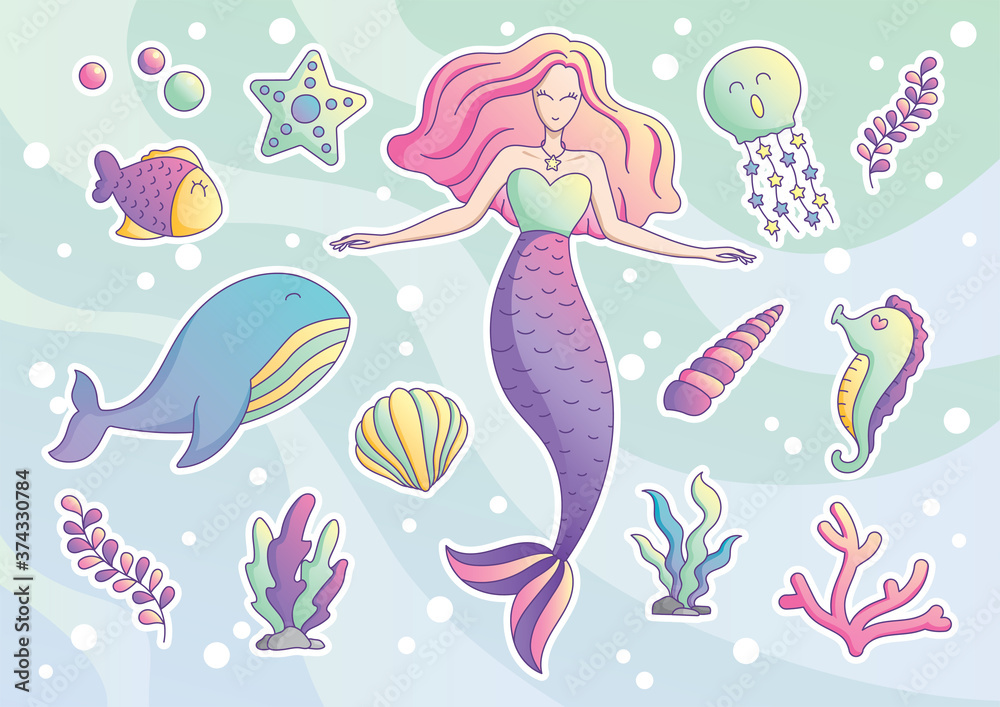 Cute mermaid and sea creatures vector set.