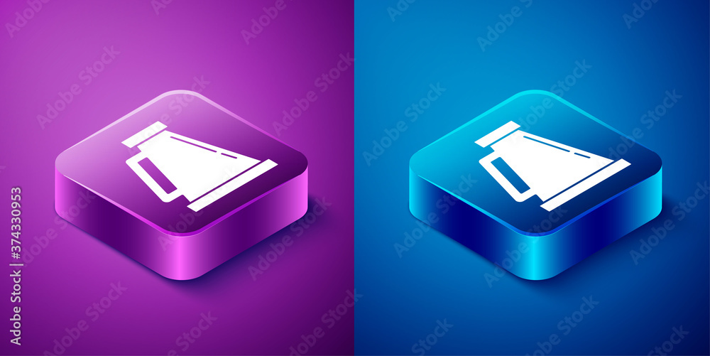 Isometric Megaphone icon isolated on blue and purple background. Speaker sign. Square button. Vector. Isometric Megaphone icon isolated on blue and purple background. Speaker sign. Square button. Vector.