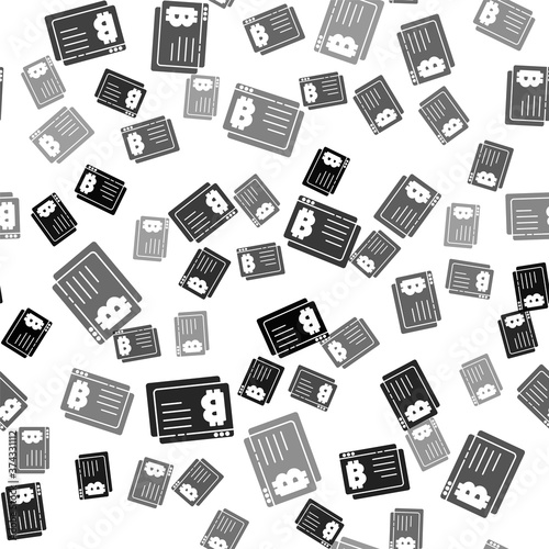 Black Cryptocurrency coin Bitcoin icon isolated seamless pattern on white background. Physical bit coin. Blockchain based secure crypto currency. Vector.