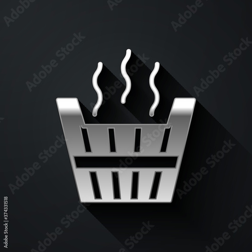 Silver Sauna bucket icon isolated on black background. Long shadow style. Vector.