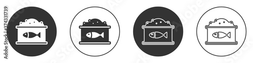 Black Tin can with caviar icon isolated on white background. Circle button. Vector.