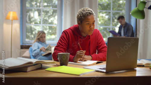 Εκτύπωση καμβά Portrait of african girl studying at desk using laptop at university dorm