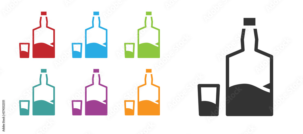 Black Tequila bottle and shot glass icon isolated on white background. Mexican alcohol drink. Set icons colorful. Vector. Black Tequila bottle and shot glass icon isolated on white background. Mexican alcohol drink. Set icons colorful. Vector.