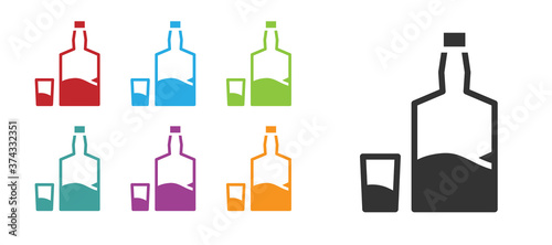 Black Tequila bottle and shot glass icon isolated on white background. Mexican alcohol drink. Set icons colorful. Vector.