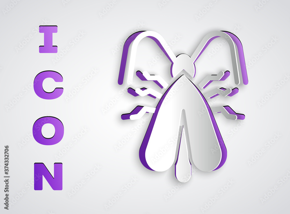 Paper cut Clothes moth icon isolated on grey background. Paper art style. Vector. Paper cut Clothes moth icon isolated on grey background. Paper art style. Vector.