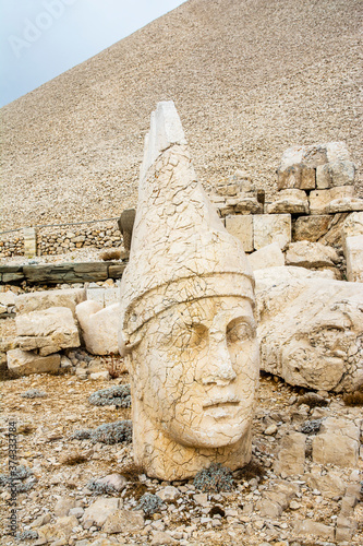 Nemrut has giant sculptures and reliefs were built on the monumental tomb made for Antiochus I the King in Turkey 