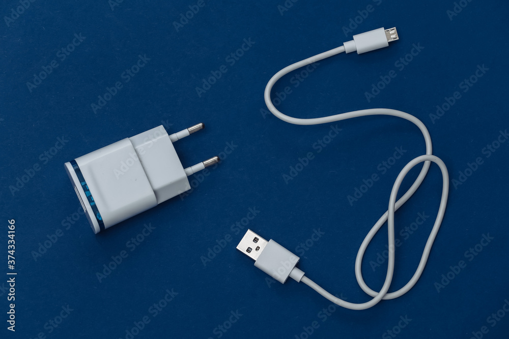 Charger with cable on classic blue background. Color 2020. Top view Charger with cable on classic blue background. Color 2020. Top view