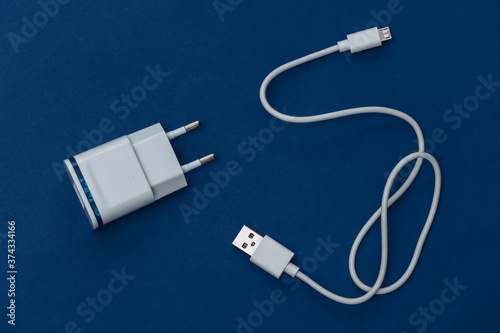 Charger with cable on classic blue background. Color 2020. Top view