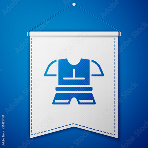 Blue Body armor icon isolated on blue background. White pennant template. Vector.