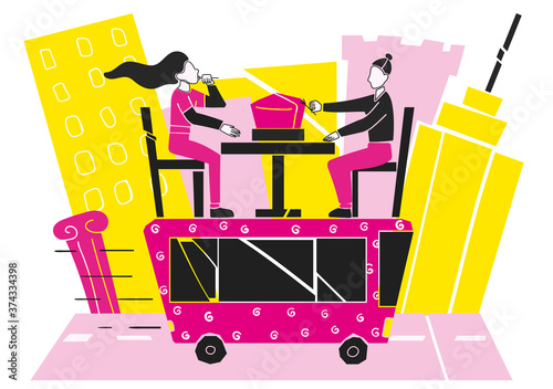 Gastro tourism concept. A young couple is eating local food in different cities and countries. Tourist bus against the background of cities, columns, castles. Flat design vector abstract illustration 