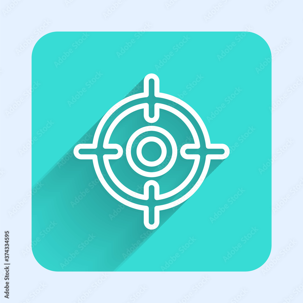 White line Target sport icon isolated with long shadow. Clean target with numbers for shooting range or shooting. Green square button. Vector Illustration. White line Target sport icon isolated with long shadow. Clean target with numbers for shooting range or shooting. Green square button. Vector Illustration.