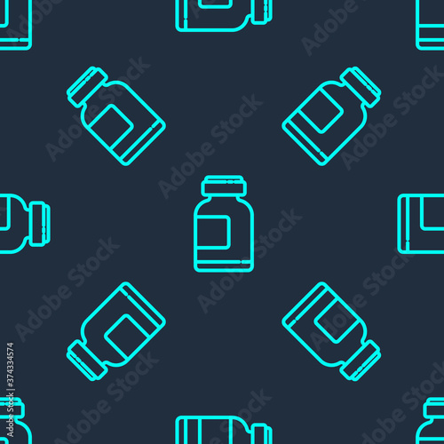 Green line Sports nutrition bodybuilding proteine power drink and food icon isolated seamless pattern on blue background. Vector Illustration.