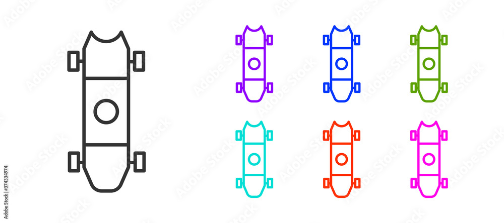 Obraz premium Black line Longboard or skateboard cruiser icon isolated on white background. Extreme sport. Sport equipment. Set icons colorful. Vector Illustration.