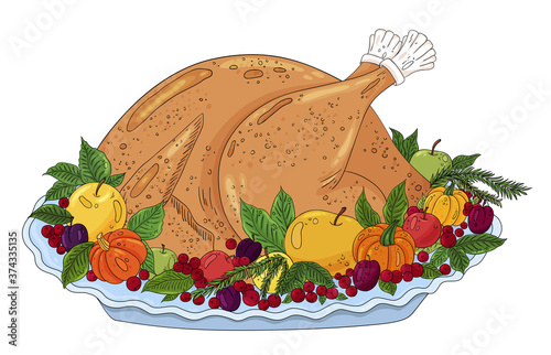 Thanksgiving turkey roasted. Baked turkey isolated on white background. Traditional Thanksgiving food hand drawn illustration. Baked turkey, classic thanksgiving eating, pumpkin, apple, cranberry.