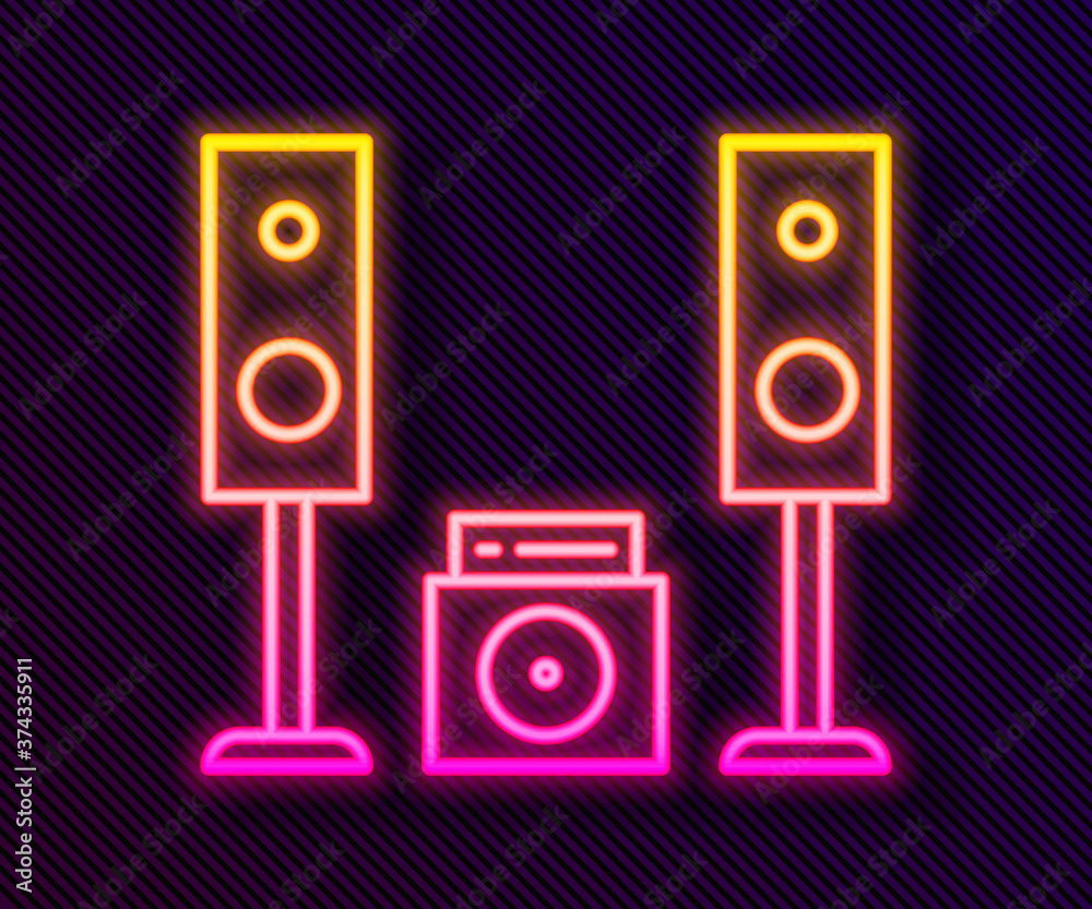 Glowing neon line Home stereo with two speaker s icon isolated on black background. Music system. Vector Illustration. Glowing neon line Home stereo with two speaker s icon isolated on black background. Music system. Vector Illustration.