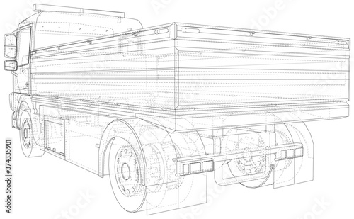 Flatbed truck illustration vector. Wire-frame line isolated. Vector rendering of 3d.