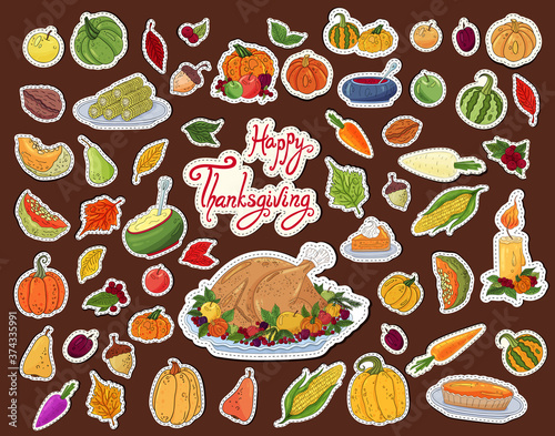 Thanksgiving day stickers set. Colorful thanksgiving icons and decorated elements. Traditional autumn harvest festival symbols. Many types celebration food. Roasted turkey, pumpkin, pie, fruits, nuts.