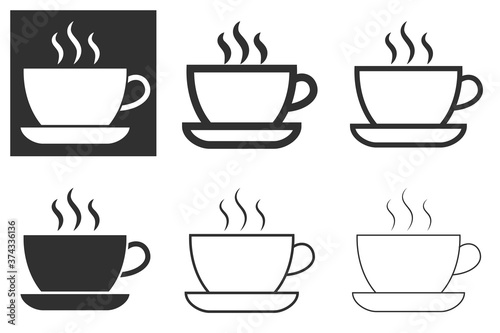 Cup of hot coffee in a cafe or coffee drink in dark and white version with flat vector icon on white and dark background for food applications and websites