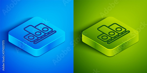 Isometric line Ranking star icon isolated on blue and green background. Star rating system. Favorite, best rating, award symbol. Square button. Vector.