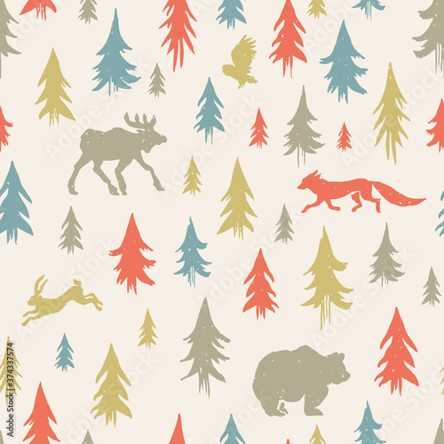 Hand-drawn forest silhouettes seamless pattern with animals:elk, fox, hare, bear, owl