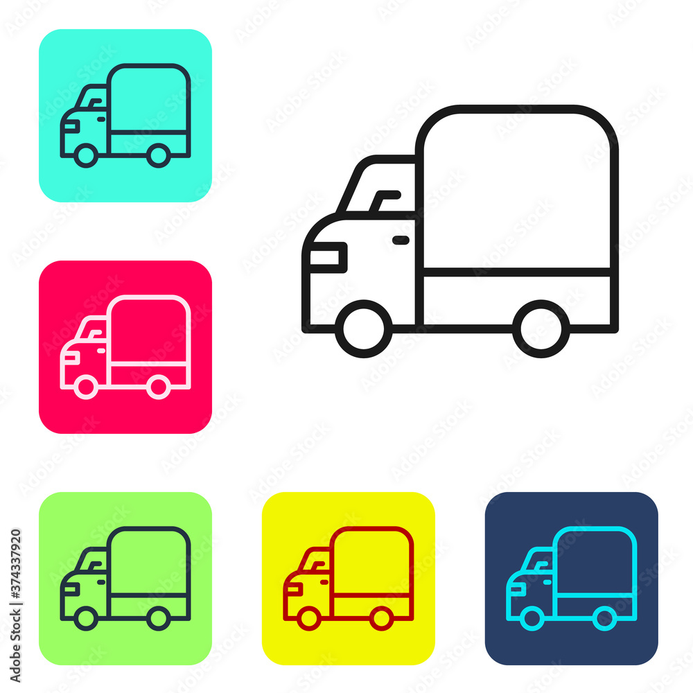 Black line Delivery cargo truck vehicle icon isolated on white background. Set icons in color square buttons. Vector.