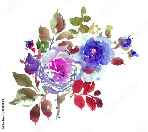 Flower Watercolor Hand Painted Composition Bouquet Roses and leaves in Violet Isolated on white background