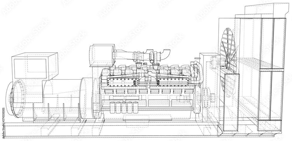 Diesel generator unit for factory. he layers of visible and invisible lines are separated. Wire-frame outline.