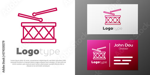 Logotype line Musical instrument drum and drum sticks icon isolated on white background. Logo design template element. Vector.