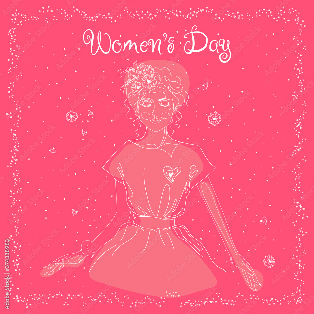Happy Women's Day greeting card on pink background with design of a women face and text. Happy Women's Day greeting card on pink background with design of a women face and text.