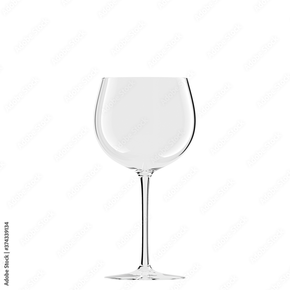 An empty transparent glass on a thin leg stands on a white background. 3D rendering An empty transparent glass on a thin leg stands on a white background. 3D rendering