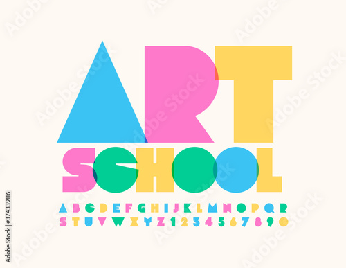 Vector creative emblem Art School. Abstract colorful Font. Bright trendy Alphabet Letters and Numbers set