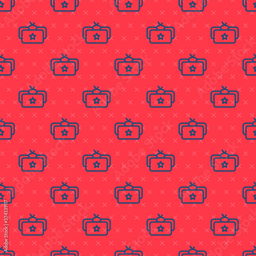 Blue line Ushanka icon isolated seamless pattern on red background. Russian fur winter hat ushanka with star. Soviet Union uniform of KGB and NKVD. Vector.