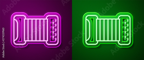Glowing neon line Musical instrument accordion icon isolated on purple and green background. Classical bayan, harmonic. Vector.