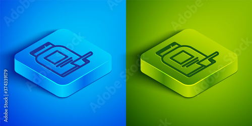Isometric line Sports nutrition bodybuilding proteine power drink and food icon isolated on blue and green background. Square button. Vector.