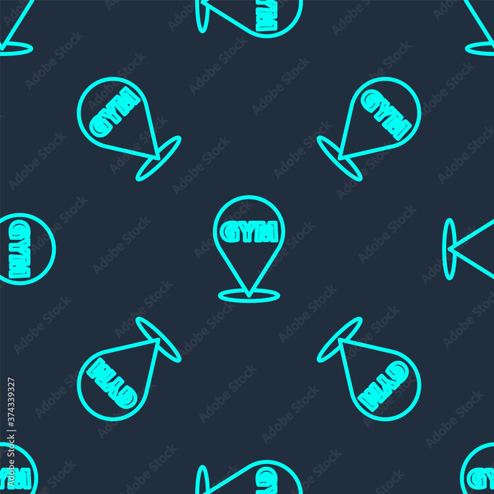 Green line Location gym icon isolated seamless pattern on blue background. Vector. Green line Location gym icon isolated seamless pattern on blue background. Vector.
