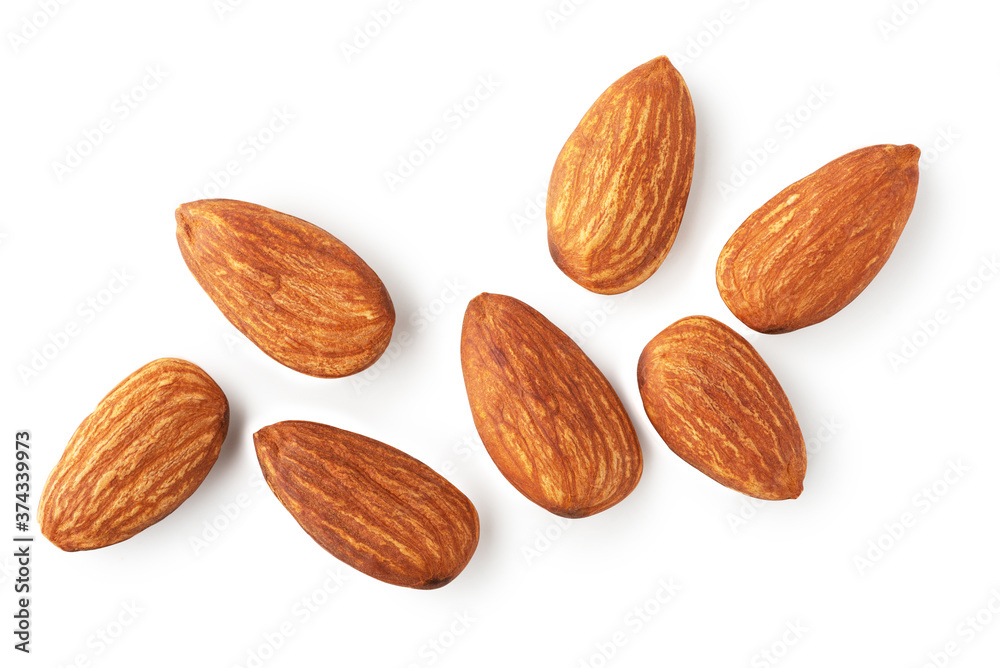 Shelled almonds isolated on white background. Clipping path. Top view. Flay lay Shelled almonds isolated on white background. Clipping path. Top view. Flay lay