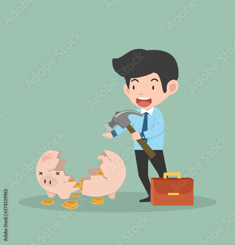businessman hammer breaking piggy bank