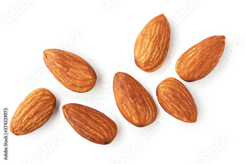 Shelled almonds isolated on white background. Clipping path. Top view. Flay lay