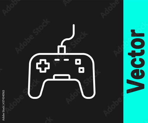 White line Gamepad icon isolated on black background. Game controller. Vector.